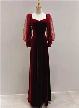 Picture of Wine Red Color Velvet Long Sleeves Floor Length Bridesmaid Dresses, Wine Red Color Long Formal Dresses